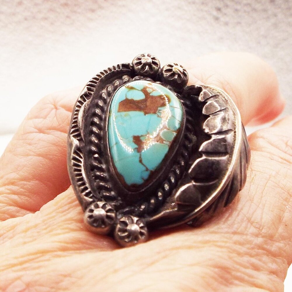 PRE-1900 ANTIQUE PAWN NAVAJO STERLING SILVER CERRILLOS TURQUOISE SZ.8 RING #1 H - Picture 4 of 6